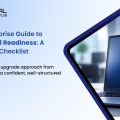 Windows 11 readiness checklist for enterprises showing laptop with Windows interface and structured upgrade planning concept