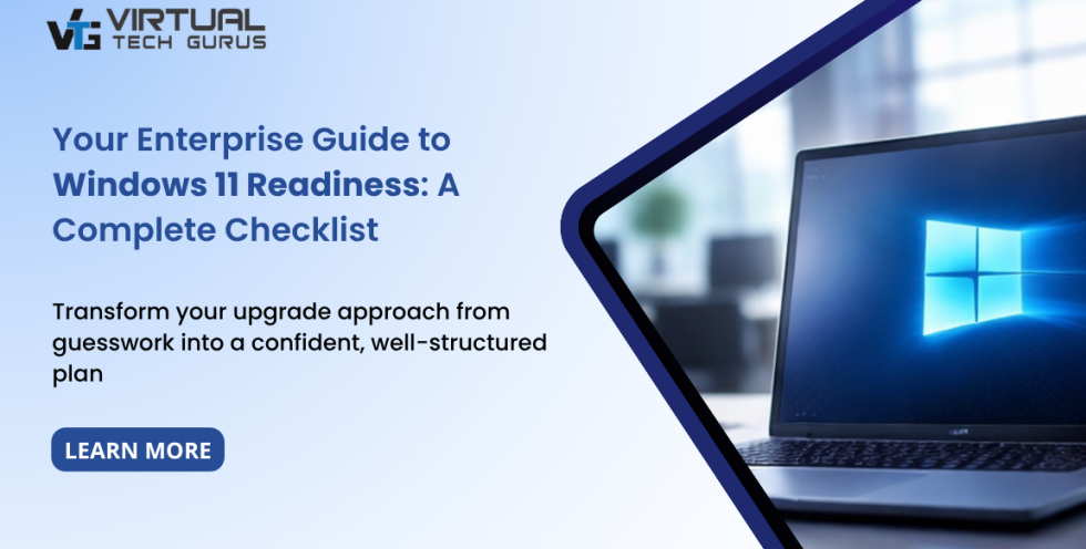 Windows 11 readiness checklist for enterprises showing laptop with Windows interface and structured upgrade planning concept