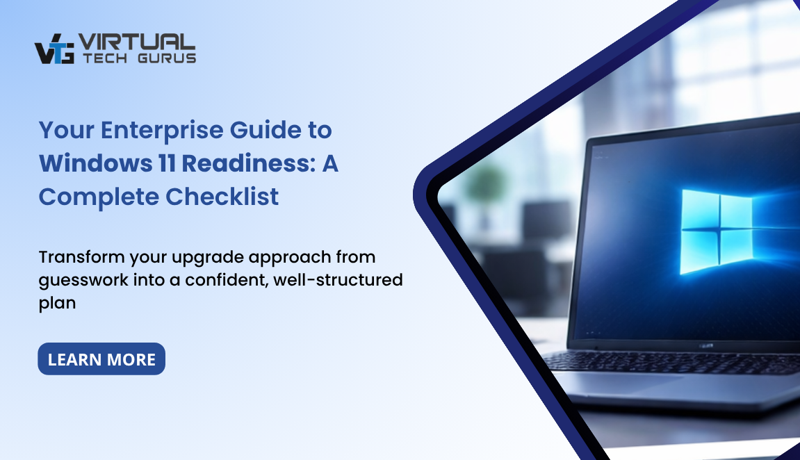 Windows 11 readiness checklist for enterprises showing laptop with Windows interface and structured upgrade planning concept